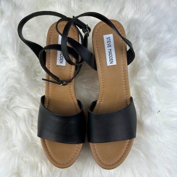 Steve Madden Welsh Wedge Sandals in Black Leather - Picture 2 of 6